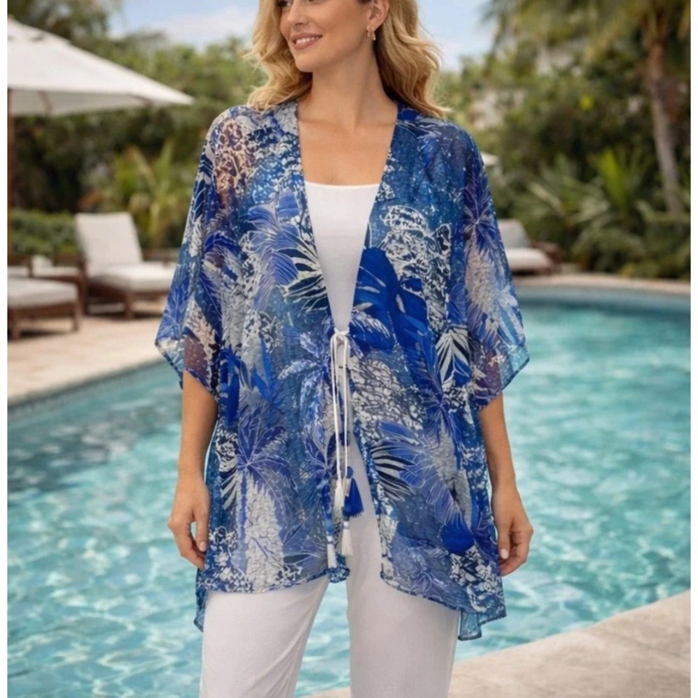 Chico's Kimono Cardigan Women L/XL Blue Tropical Open Front Boho Coastal Airy